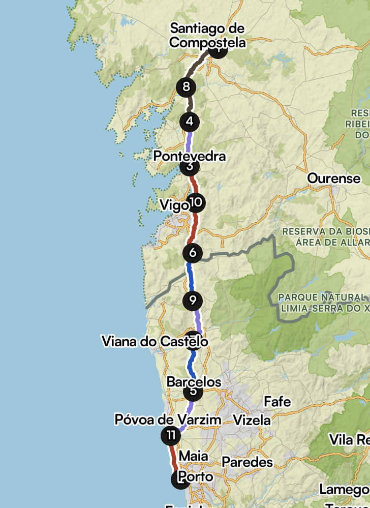 Map of the Camino Portugués route from Porto north along the coast through Viana do Castelo, Vigo and Pontevedra to Santiago de Compostela.